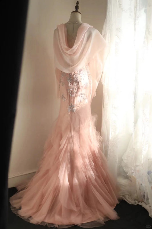 Cute Pink Spaghetti Strap Mermaid Deep V Neck Tulle Backless Evening Dresses Simple Wedding Dresses RF0390