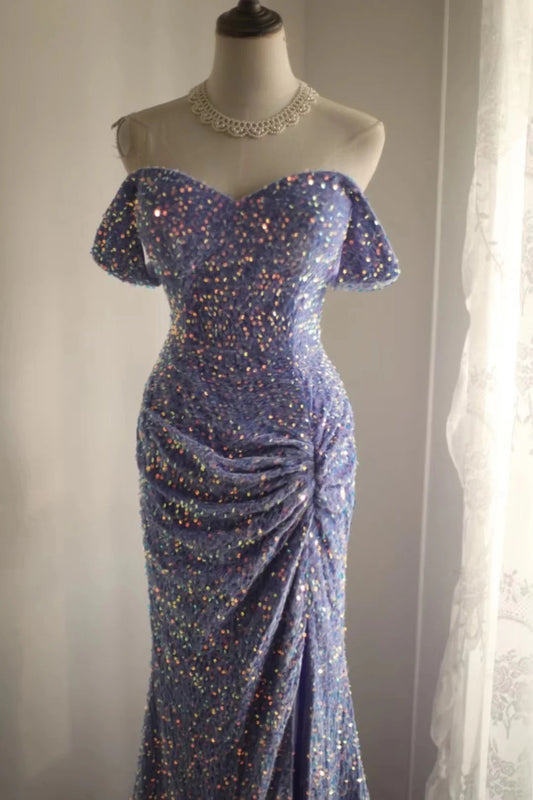 Elegant Lavender Sequin Mermaid Off Shoulder Long Prom Dresses Formal Evening Dresses RF0392
