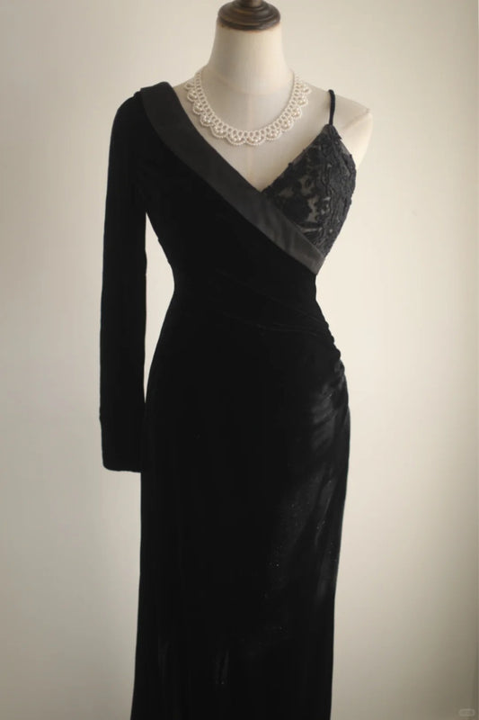 One Shoulder Black Satin Backless Long Prom Dresses Formal Elegant Train Evening DressesRF0393