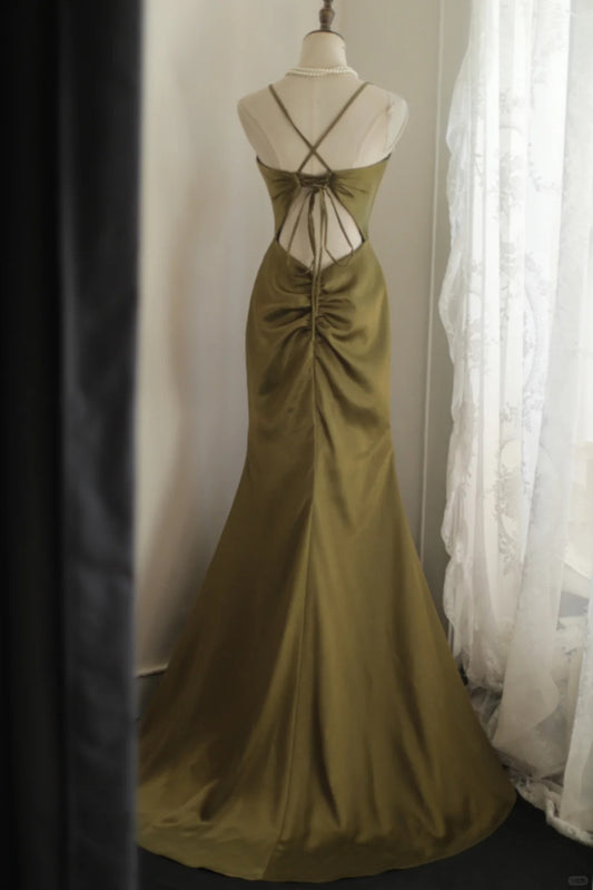 Simple Gray Yellow V-Neck Spaghetti Strap Mermaid Backless Evening Dress RF0402