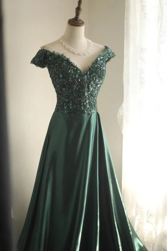 Dark Green Off Shoulder Satin A-Line Long Prom Dresses Formal Evening Dress RF0403