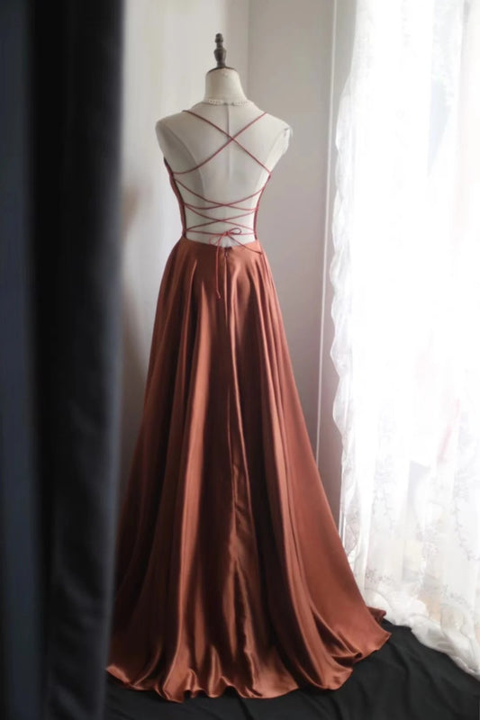 Simple Caramel Spaghetti Straps A-Line Backless Satin Bridesmaids Dress Formal Evening Dress RF0404