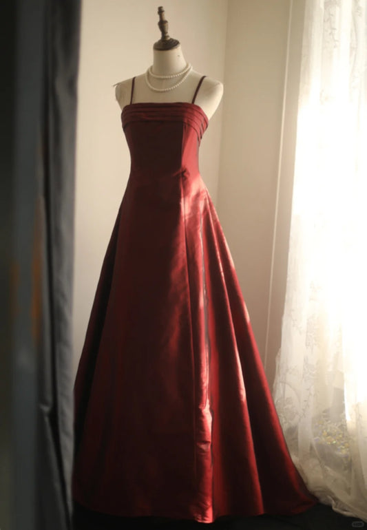 Simple Red Spaghetti Strap Satin A-Line Long Prom Dresses Formal Evening Dress RF0410