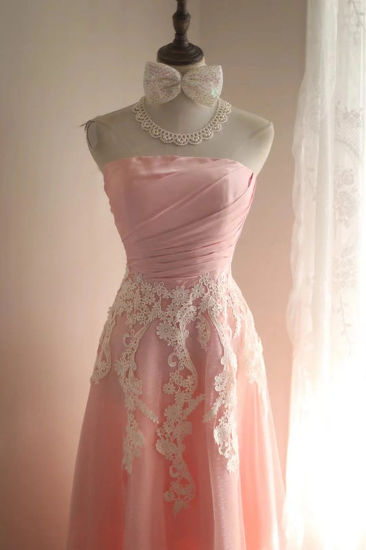 Sweet Pink Satin Lace Strapsless Applique A-Line Evening Dress Wedding Dress RF0414