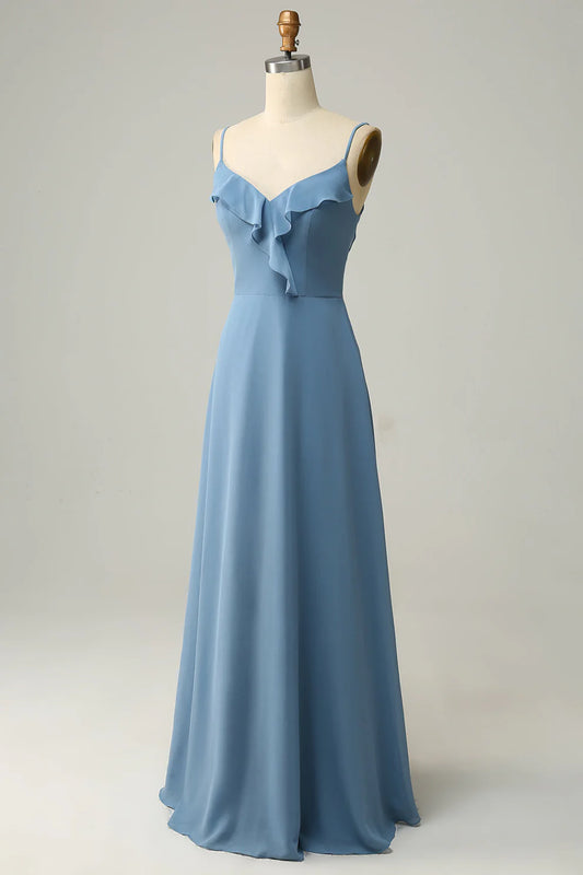 Robe de demoiselle d'honneur trapèze en mousseline bleu poudré à bretelles et volants RF0418