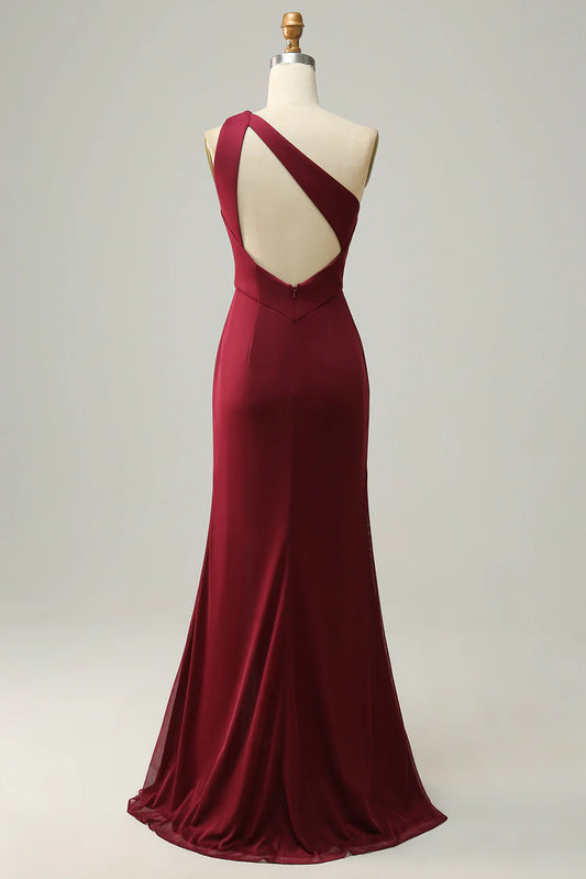 Robe de demoiselle d'honneur sirène bordeaux à une épaule plissée RF0420