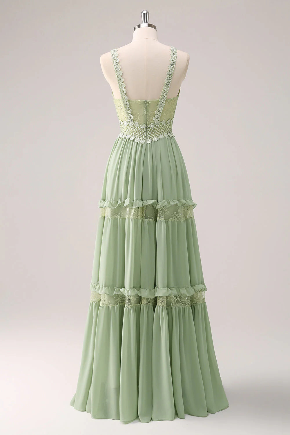 Grünes A-Linien-Brautjungfernkleid mit Spaghettiträgern und Rüschen und Spitze RF0427