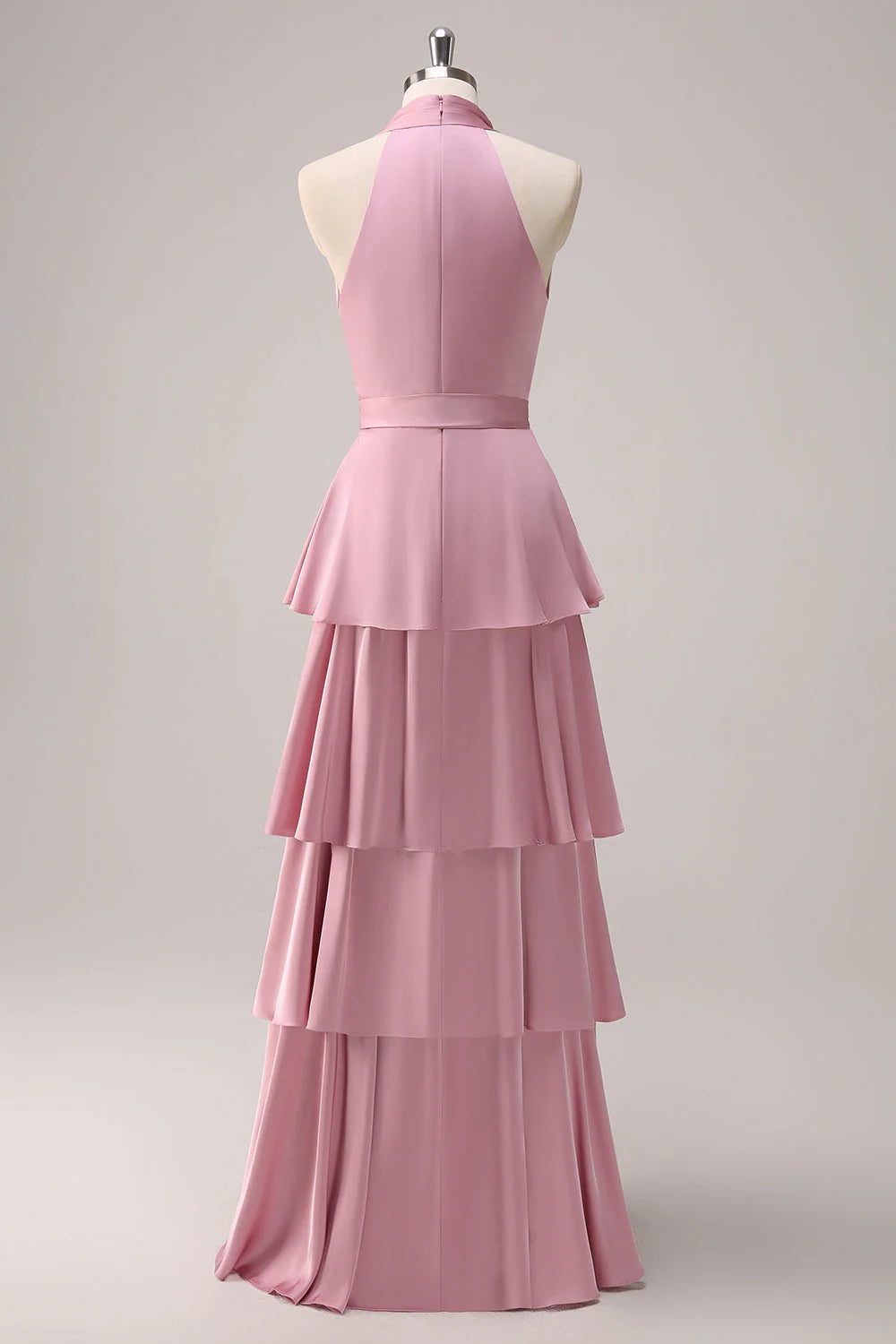 Robe de demoiselle d'honneur rose en satin à volants et ceinture RF0431
