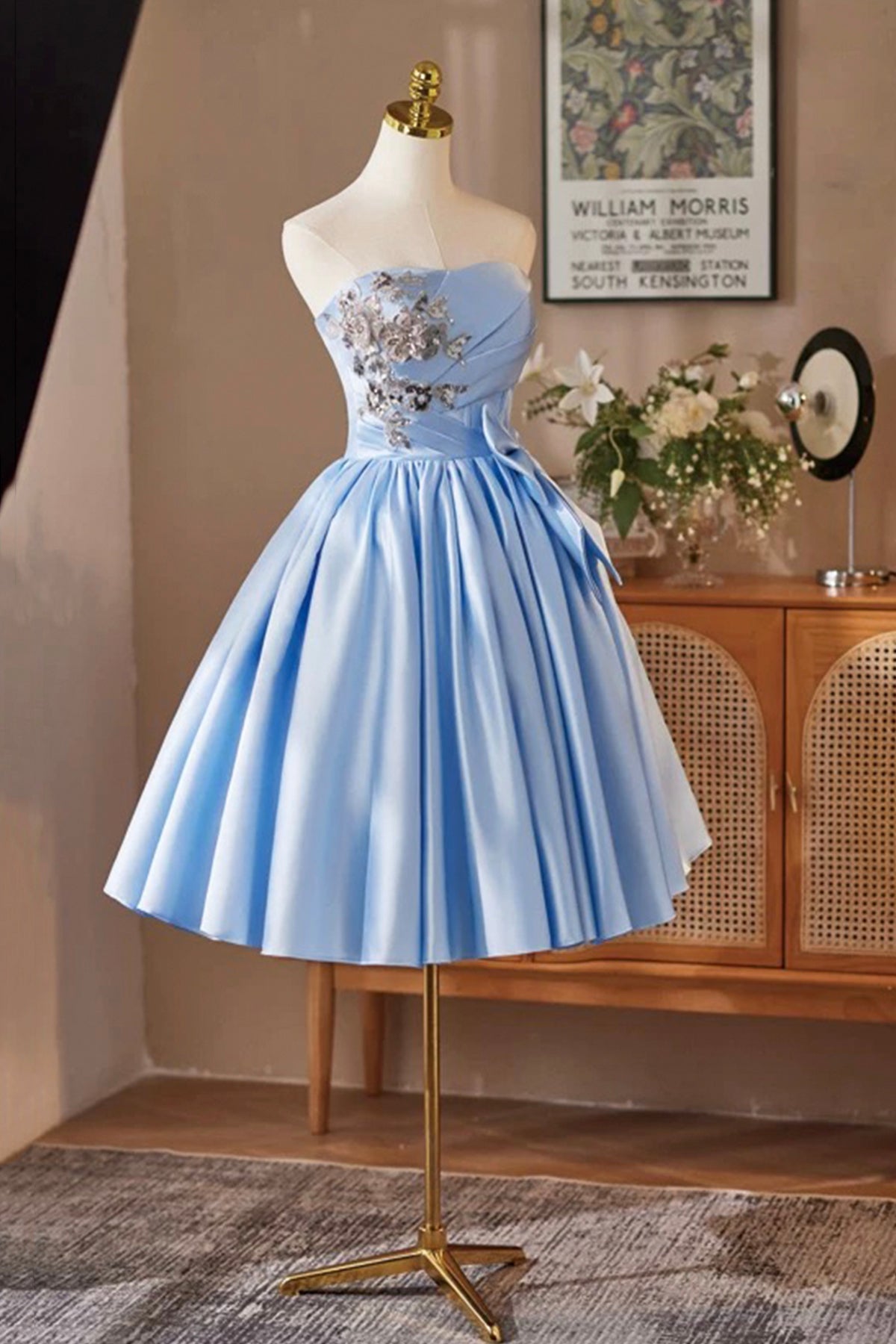 Blue Satin Short A-Line Strapless Prom Evening Dress Homecoming Dresses - RF0435