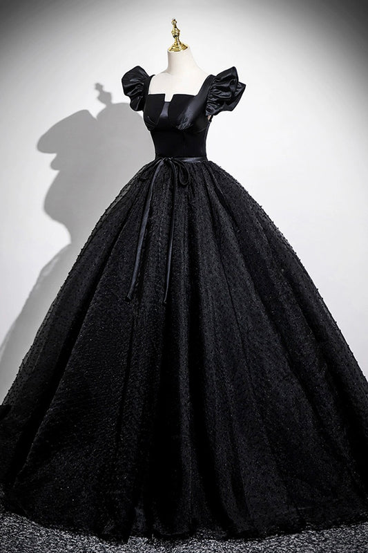 Black Satin Tulle Long A-Line Prom Dress Elegant Square Neck Formal Evening Dresses- RF0439