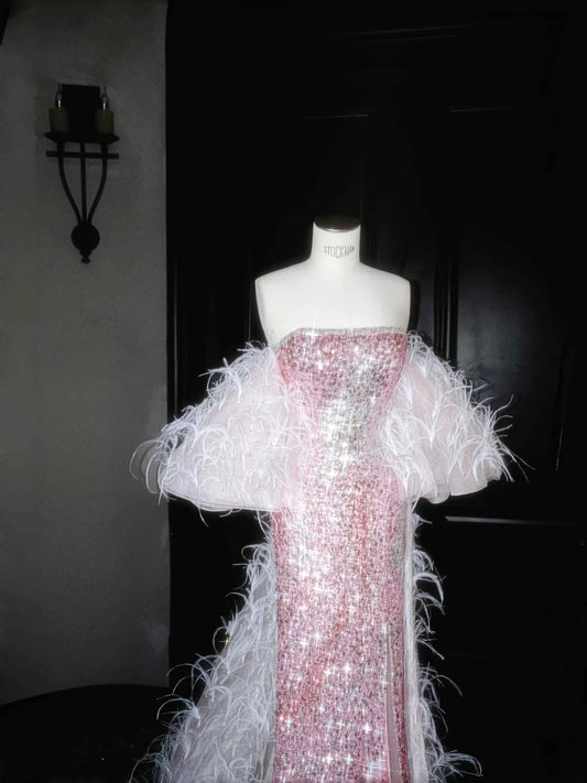 Beautiful Pink Strapless Sequin Sheath Prom Dresses Stunning Evening Dress with Train- RF0456
