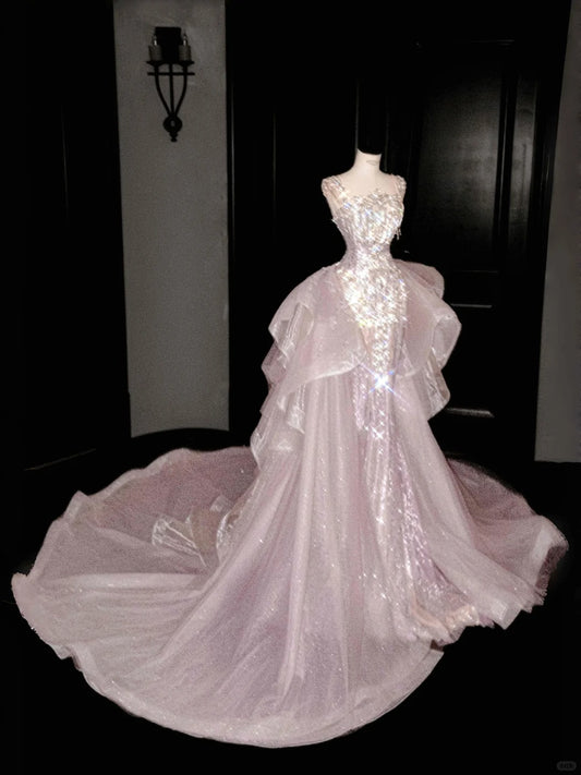 Sexy Square Neck Sequins Tulle Mermaid Diamond Prom Dresses with Train Formal Evening Dresses- RF0458