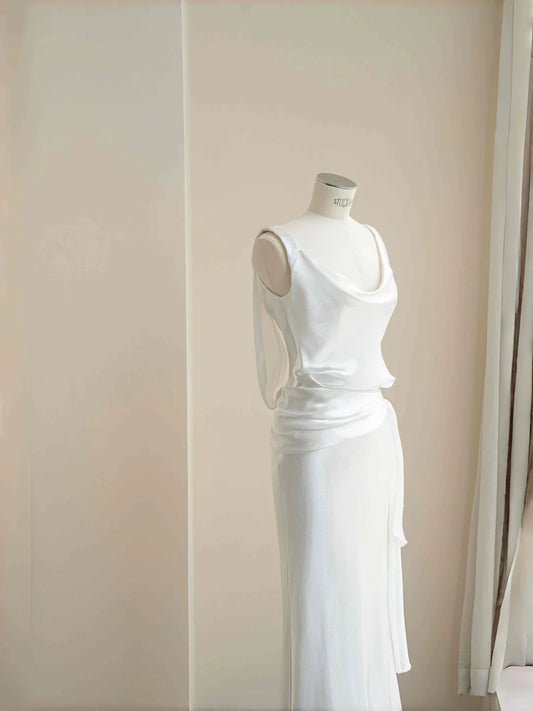 Elegant White Scoop Neck Satin Mermaid Evening Dress- RF0461