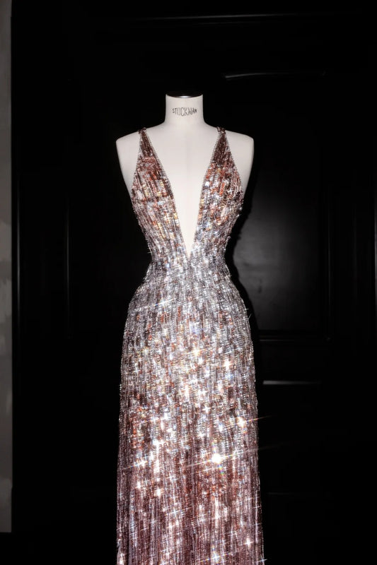 Sparkling Backless Deep V Neck Sequined Sheath Prom Dress Charming Evening Dress- RF0463