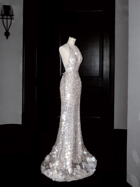 Sexy Backless Deep V Neck Mermaid Sequin Prom Dresses Gorgeous Formal Evening Dresses- RF0467