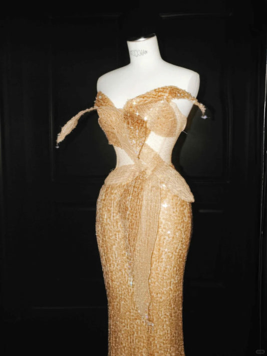 Beautiful Orange Strapless Beaded Mermaid Prom Dresses Elegant Evening Dresses- RF0470