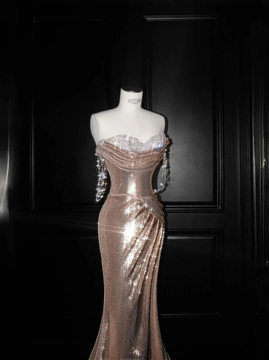 Elegant Champagne Off Shoulder Mermaid Sequin Long Prom Dresses Formal Evening Dresses RF0475
