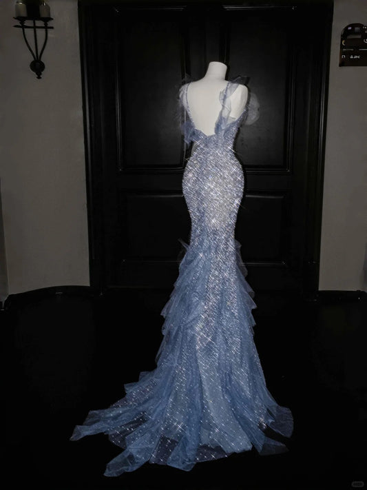 Stunning Grey Blue Tulle Sequin Mermaid Halter Neck Long Prom Dresses Formal Evening Dresses RF0477