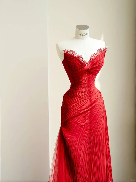 Stunning Red Sweetheart Neck Tulle Sheath Long Prom Dresses Formal Elegant Evening Dresses RF0491