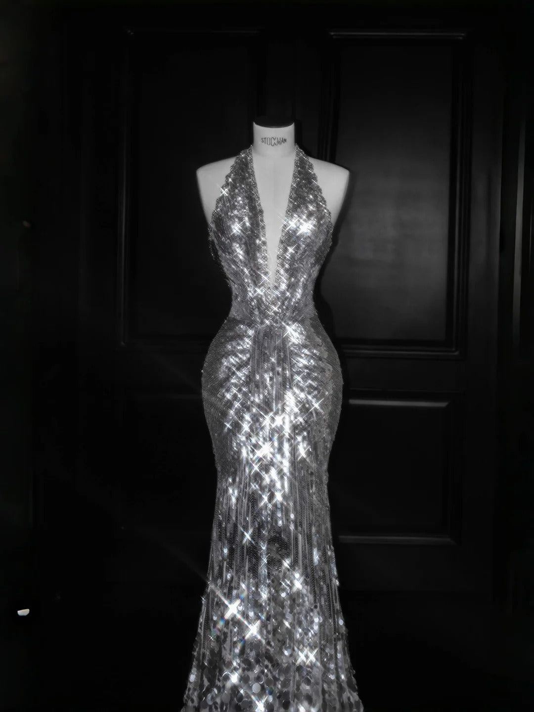 Elegant Silver Sequins V Neck Mermaid Backless Long Prom Dresses Fashion Evening Dresses RF0498