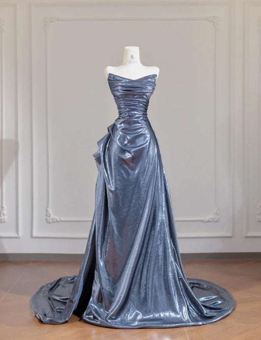 Unique Black Grey V-neck A-line Long Prom Dresses Formal Evening Gowns With Pleats RF0502