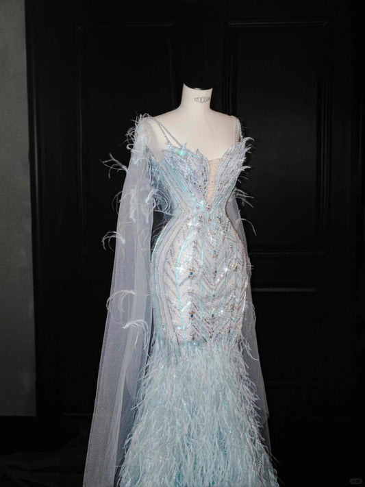 Gorgeous Ice Blue Tulle Spaghetti Straps Mermaid Long Prom Dresses Formal Evening Dresses RF0503
