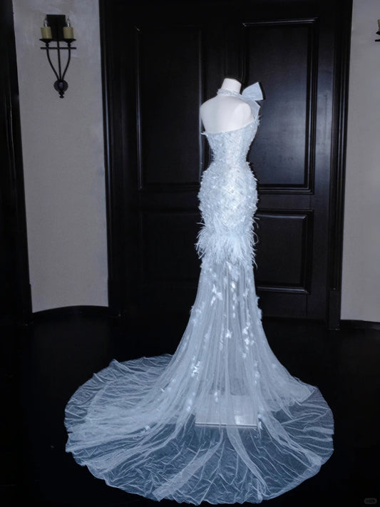 Gorgeous Ice Blue Tulle Mermaid Strapless Sequined Long Prom Dresses Formal Evening Gowns RF0517