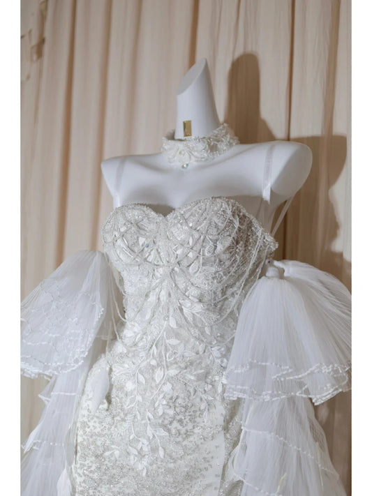 Gorgeous Sweetheart Neck Sheath Evening Dress Tulle Beaded Wedding Dress with Train RF0520
