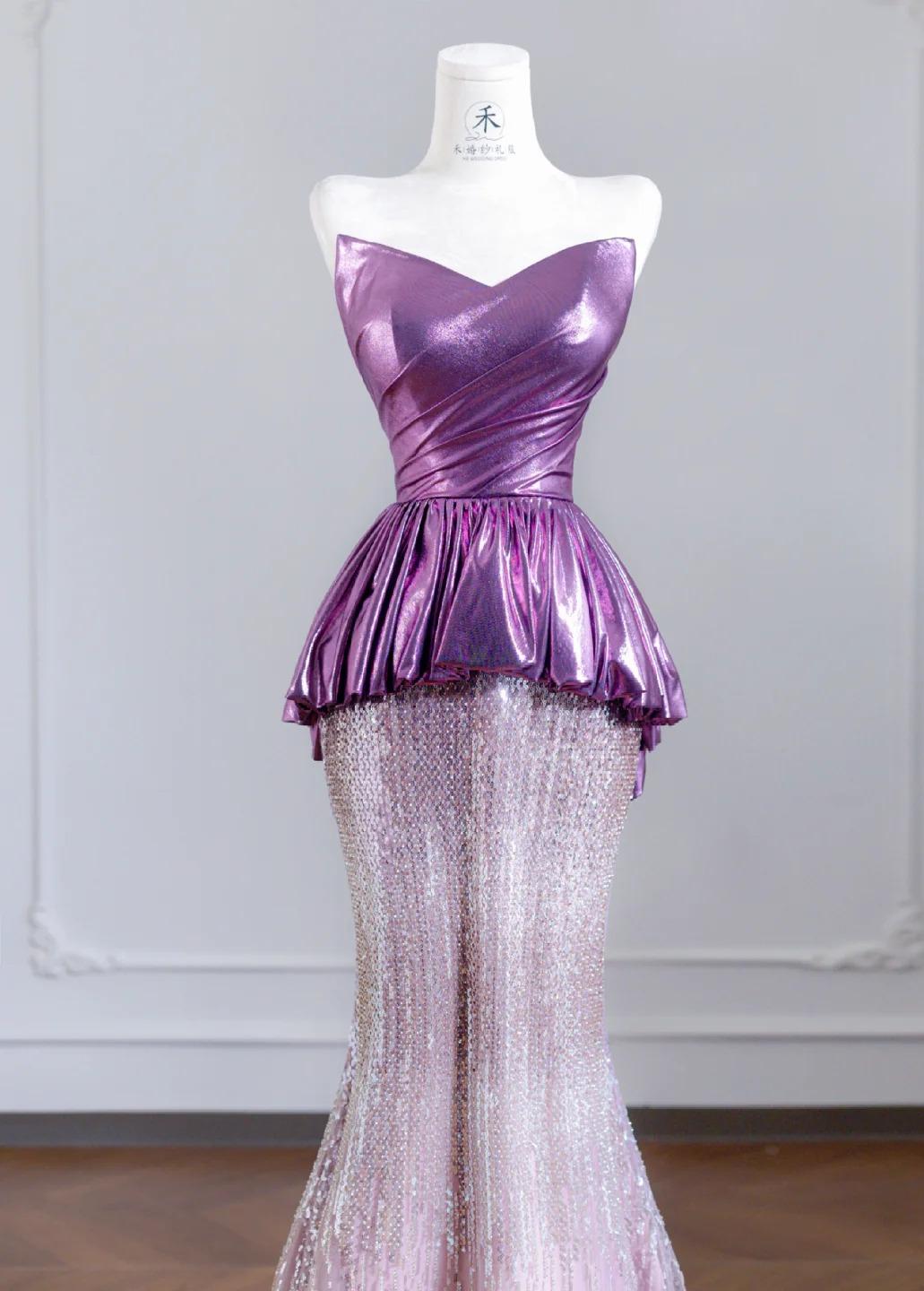 Cute Strapless Pink Purple Mermaid Satin Long Prom Dresses Elegant Evening Gowns RF0521