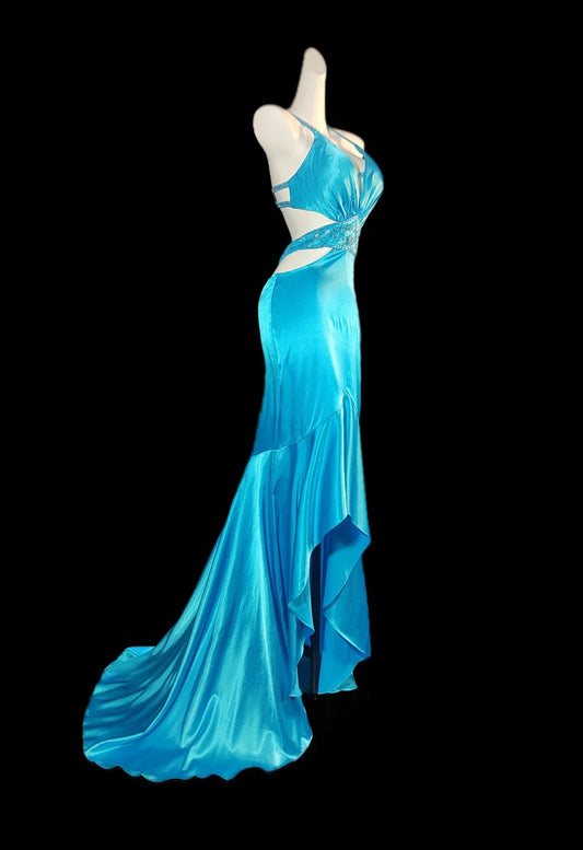 Vintage Blue Spaghetti Straps Hi-Lo Backless Satin Beaded Prom Dresses Elegant Evening Dress RF0522