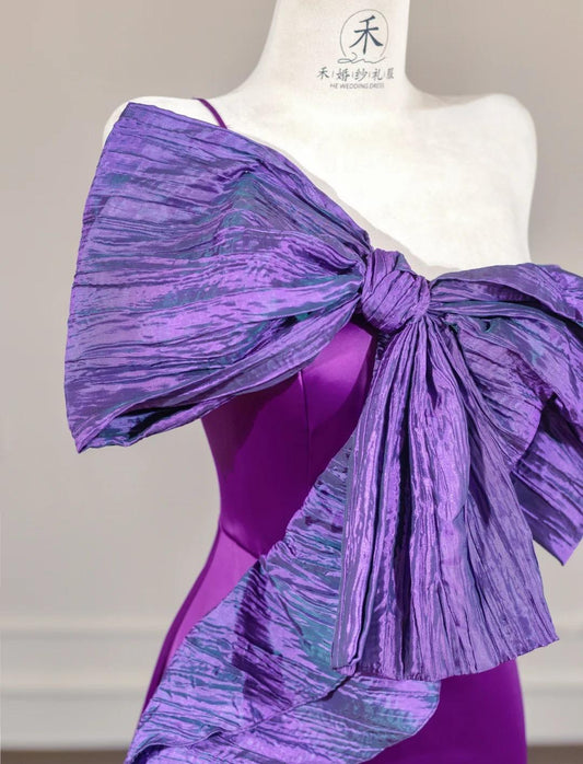 Fairytale Purple One Shoulder Mermaid Satin Bow Long Prom Dresses Sweet Evening Gowns RF0523