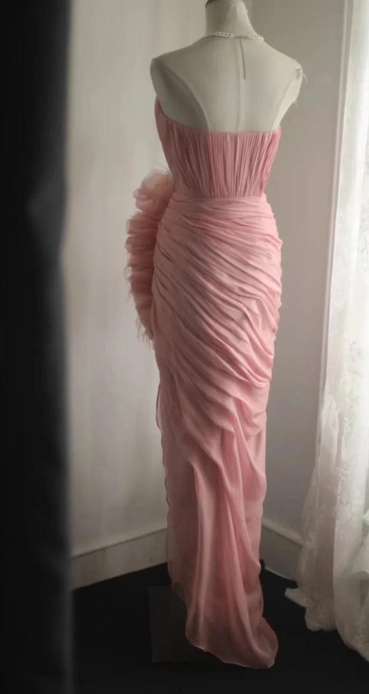 Elegant Peach Strapless Chiffon Sheath Prom Dresses Formal Evening Gown RF0525