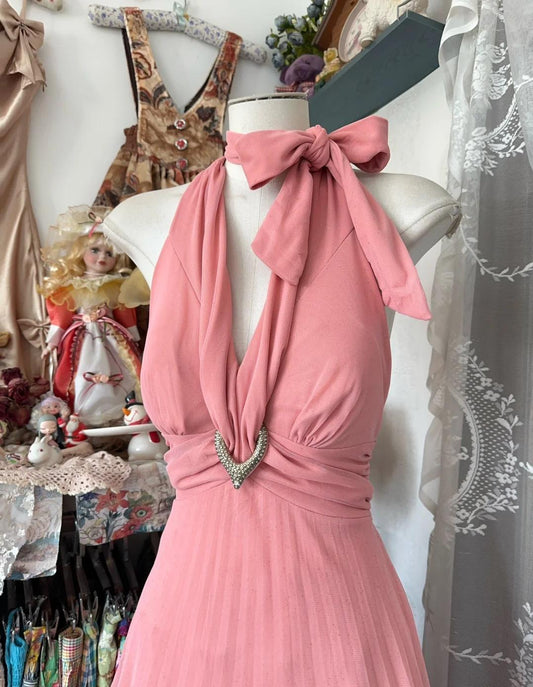 Vintage Pink V-neck Tulle Party Dresses Backless A-Line Formal Evening Gown RF0526