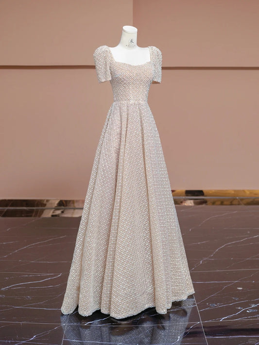 Gorgeous Champagne A-Line Square Neck Lace Beaded Wedding Dresses Formal Evening Gown RF0527