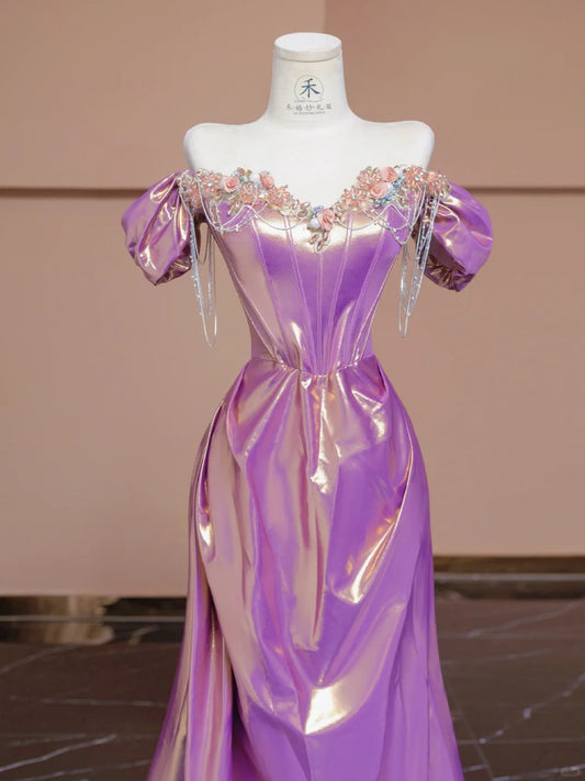 Gorgeous Purple Off Shoulder Satin Beaded A-line Long Prom Dresses Stylish Formal Evening Gowns RF0530