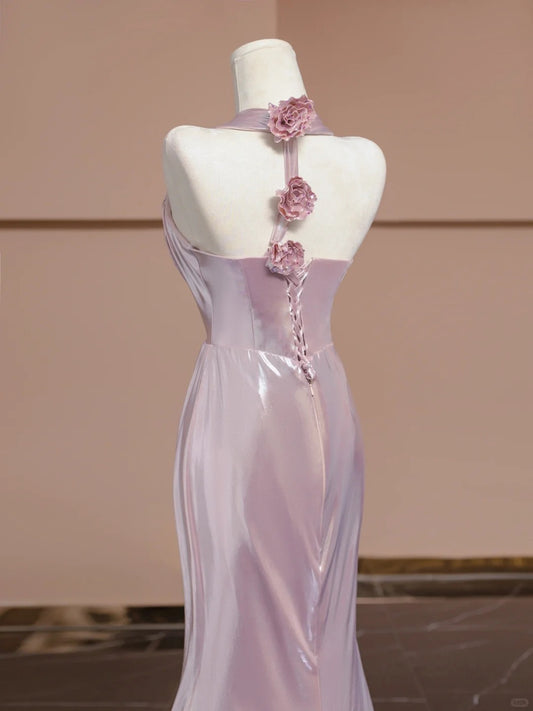 Elegant Pink V-neck Mermaid Satin Long Formal Evening Gowns RF0531