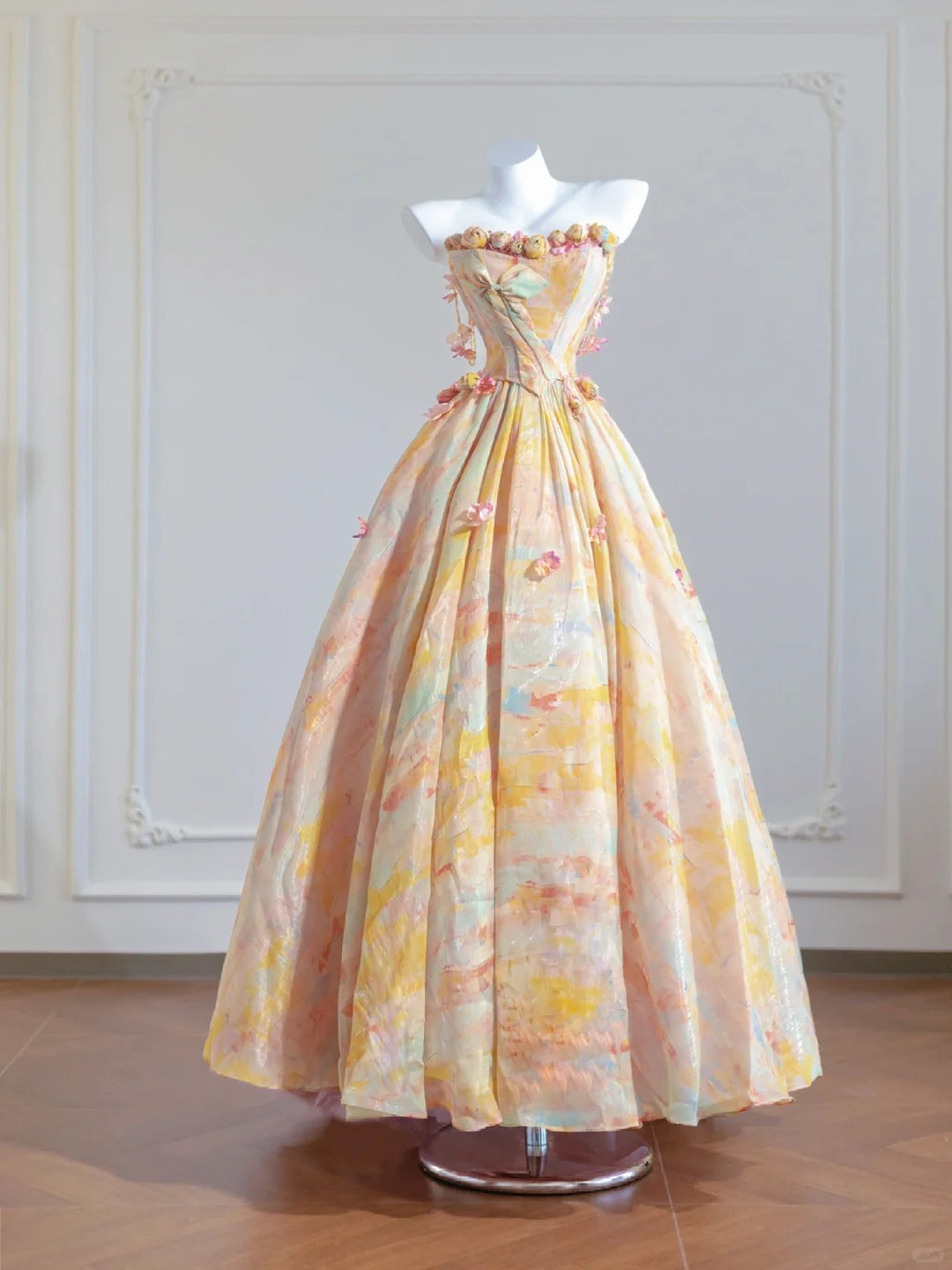 Gorgeous Butter Yellow Strapless Satin A-Line Long Prom Dresses Unique Wedding Dresses RF0535