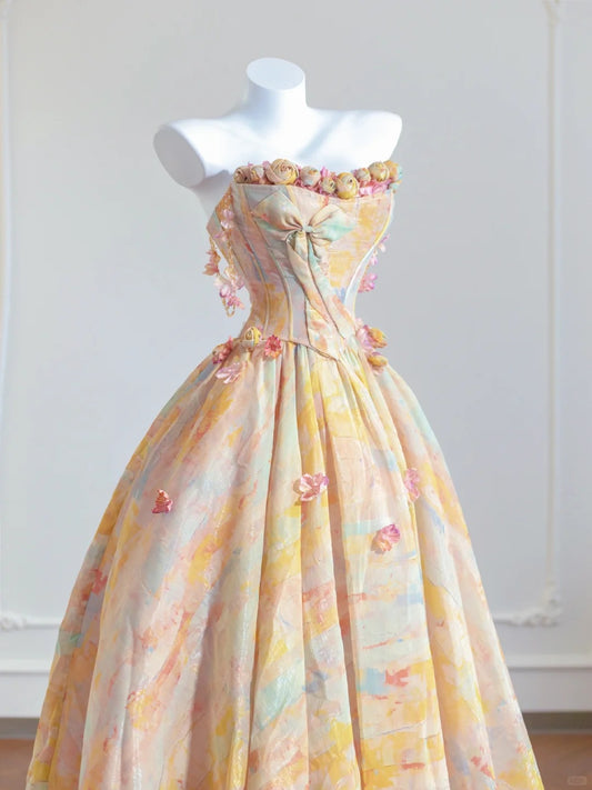 Gorgeous Butter Yellow Strapless Satin A-Line Long Prom Dresses Unique Wedding Dresses RF0535