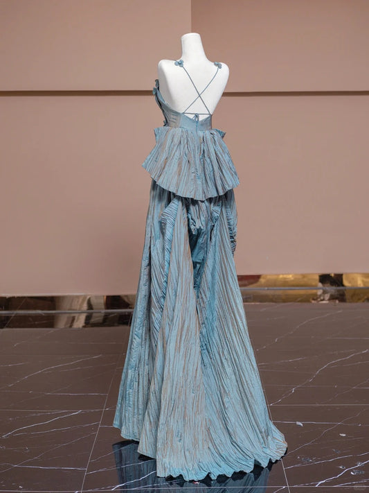 Fairytale Spaghetti Straps Taffeta A-Line Prom Dresses Backless Formal Evening Gowns RF0538