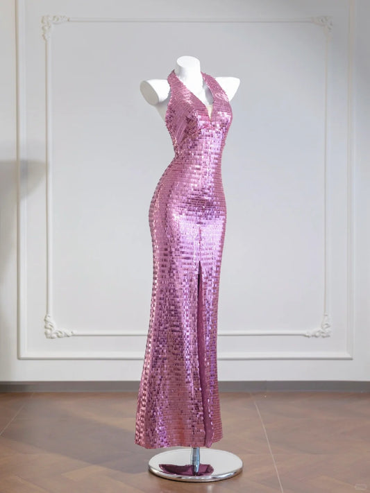 Gorgeous Pink V-neck Mermaid Sequined Backless Formal Evening Gowns RF0540