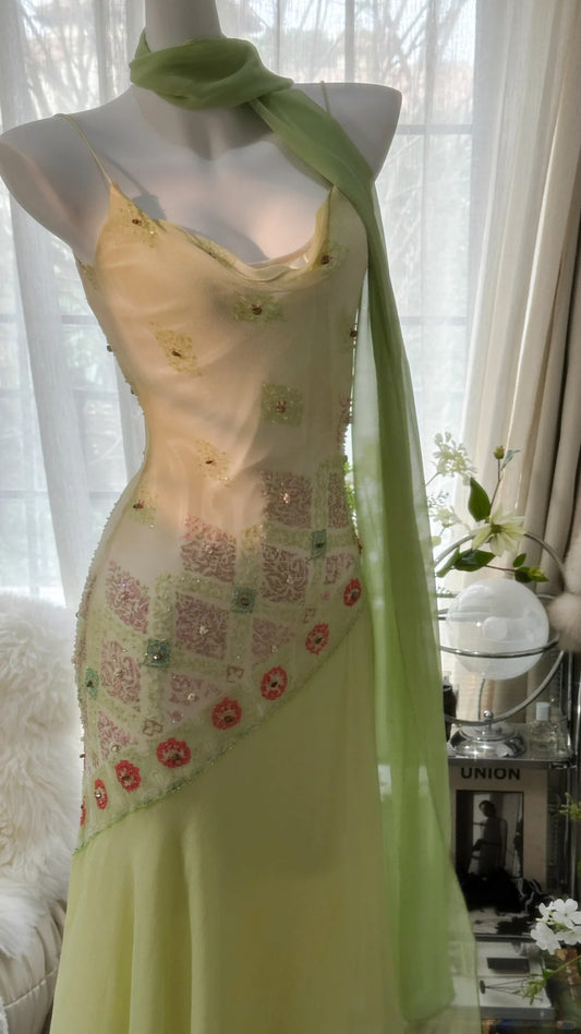 Märchenhaftes grünes Spaghettiträger-Vintage-Partykleid, Etuikleid aus Chiffon mit Perlen, kurze Ballkleider RF0551