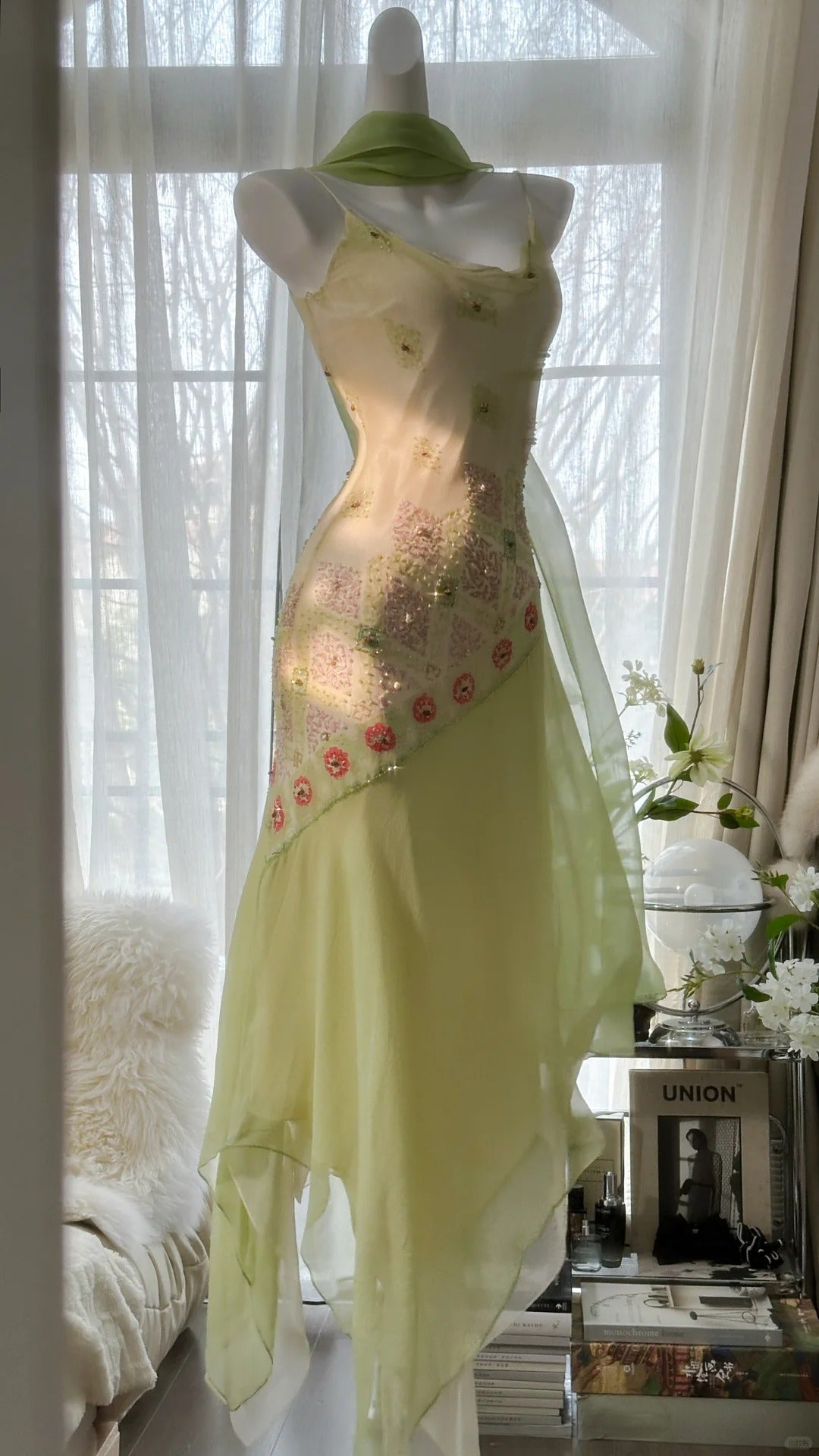Fairytale Green Spaghetti Straps Vintage Party Dress Sheath Chiffon Beaded Short Prom Dresses RF0551