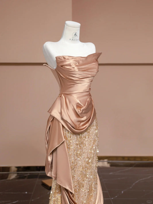 Gorgeous Pastel Orange Strapless Mermaid Satin Sequin Prom Dresses Formal Evening Dress RF0554