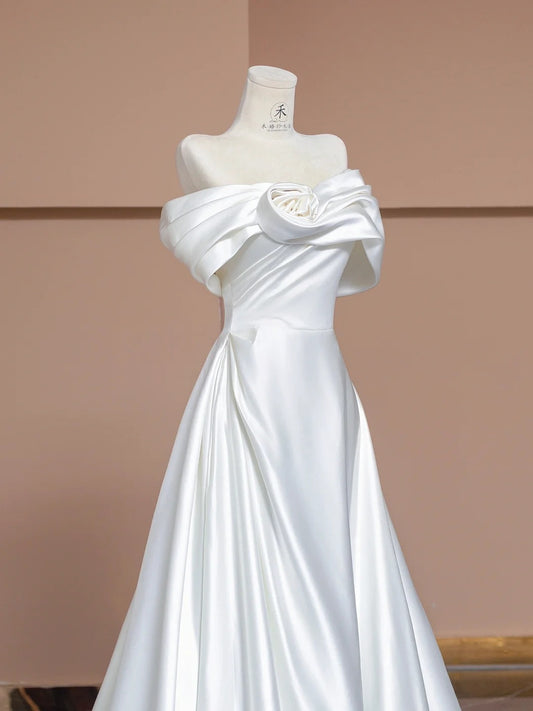 Glam White Off Shoulder A-Line Satin Wedding Dress Formal Evening Gowns RF0558