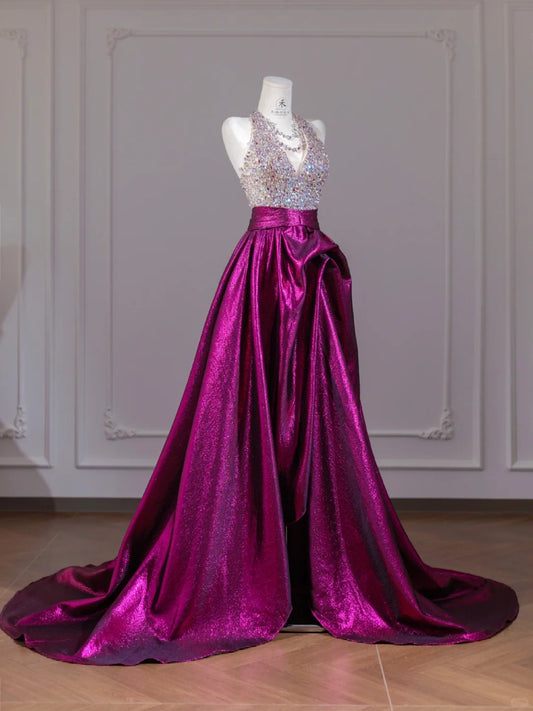 Gorgeous Fuchsia V-Neck A-Line Satin with Rhinestone Long Prom Dresses Formal Evening Gowns RF0561