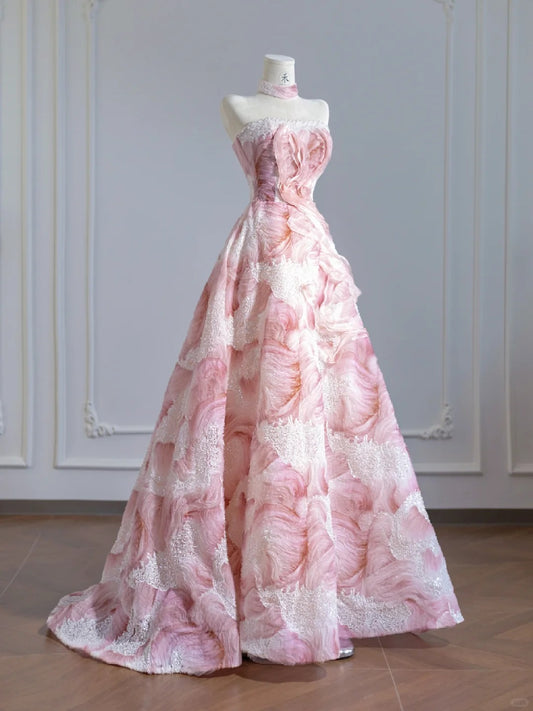 Princess Pink Strapless A-Line Tulle Applique Prom Dresses Beaded Evening Gowns RF0566