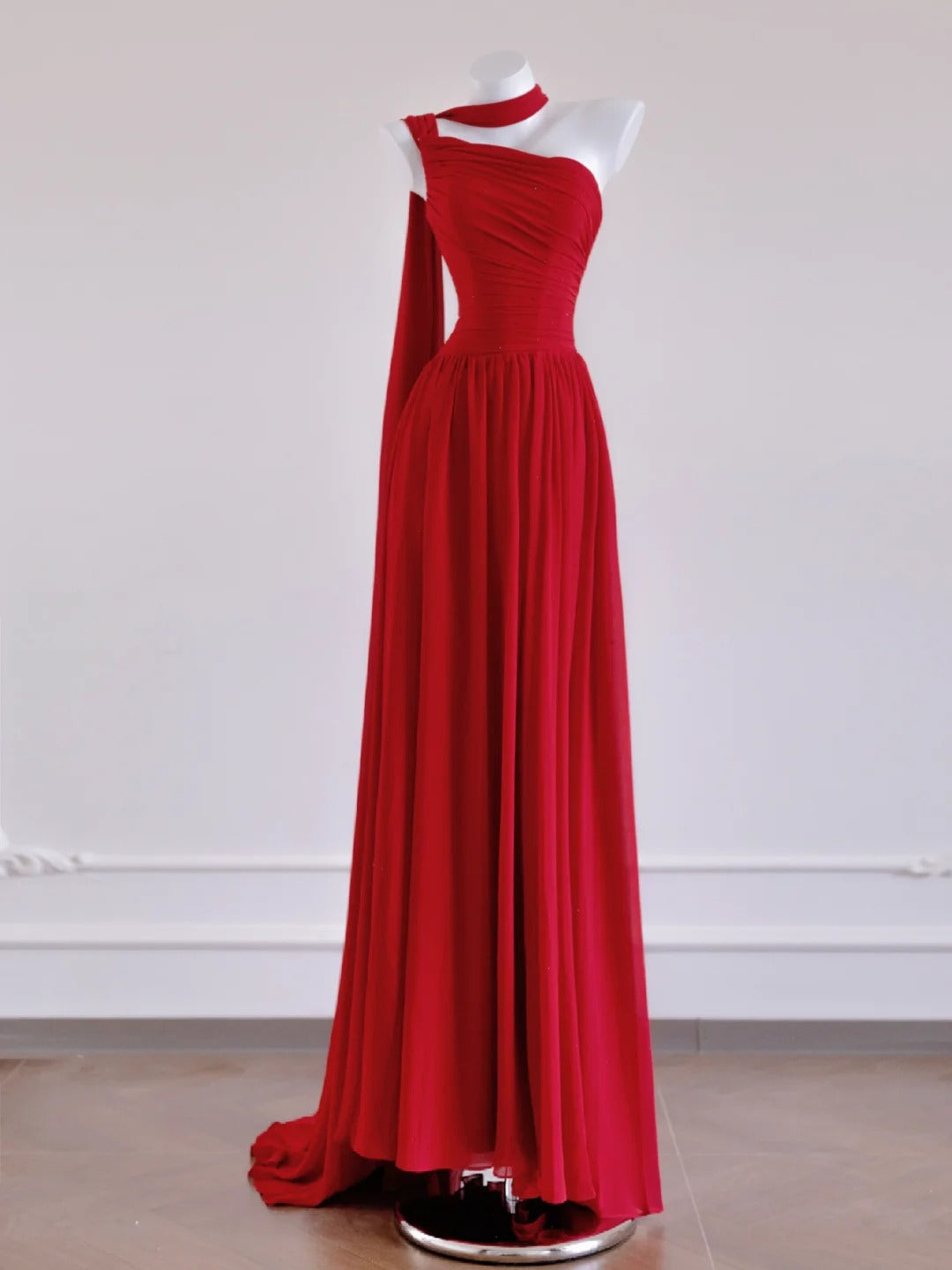 Glam Red One Shoulder A-Linie Chiffon Lange Ballkleider Formale Abendkleider RF0568