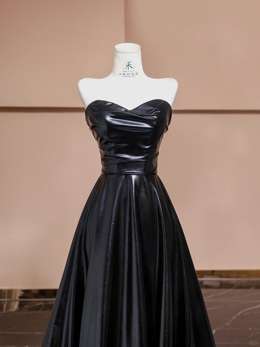 Elegant Black Strapless Satin A-Line Long Prom Dresses Formal Evening Gowns RF0574