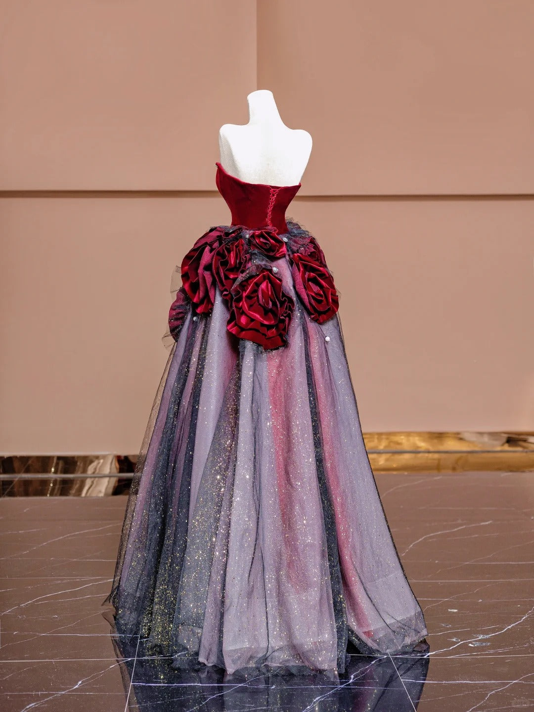 Stunning Burgundy Strapless Velvet A-Line Tulle Long Prom Dresses Unique Wedding Dress RF0580