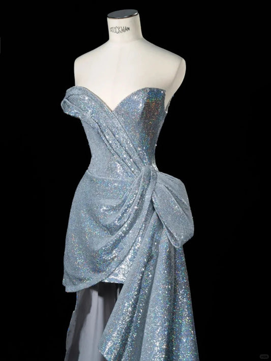 Elegant Silver Sweetheart Neck A-Line Sequins Long Prom Dresses Formal Evening Gowns RF0593